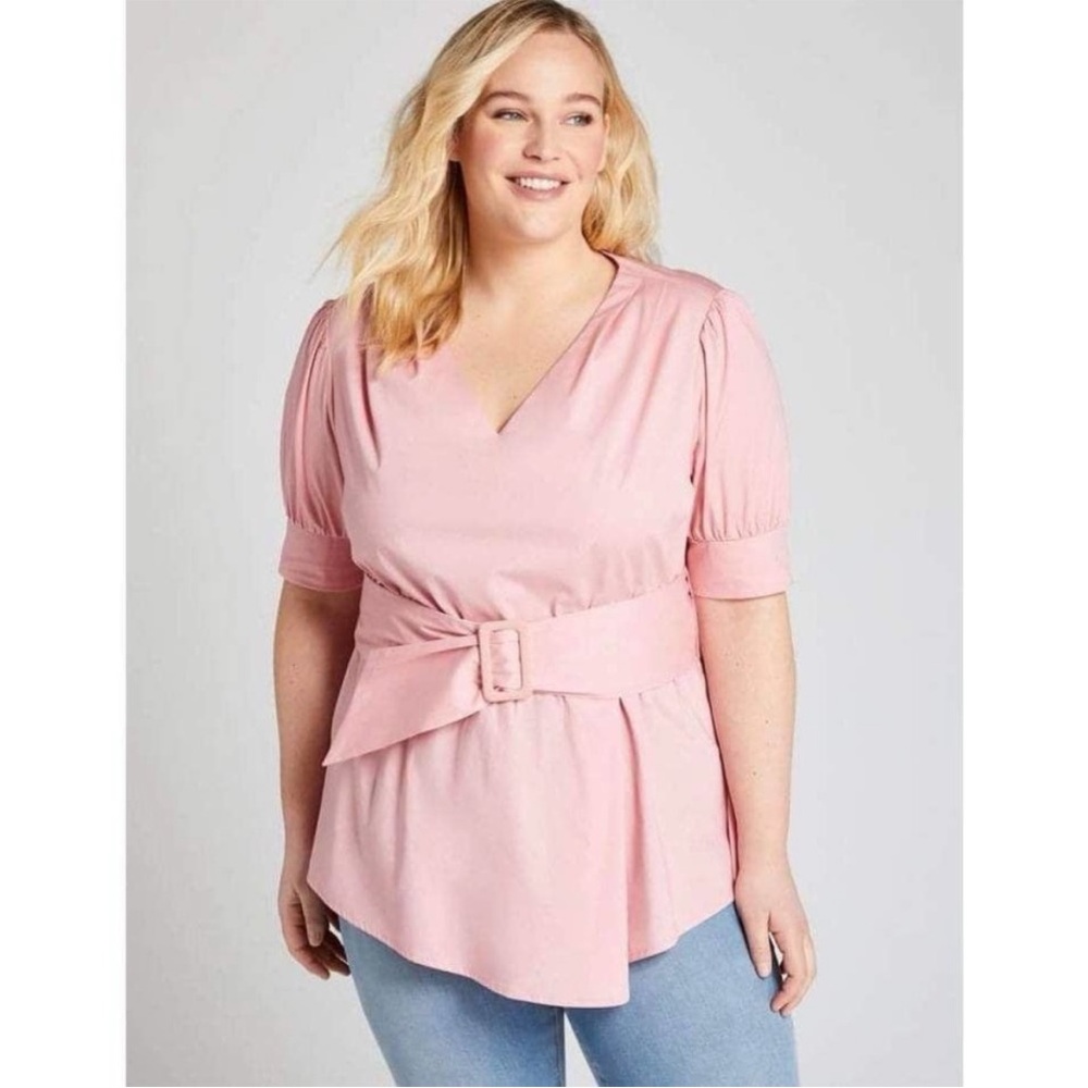 Lane Bryant Blush Baby Pink Belted V-Neck Puff Sleeve Blouse Size 20